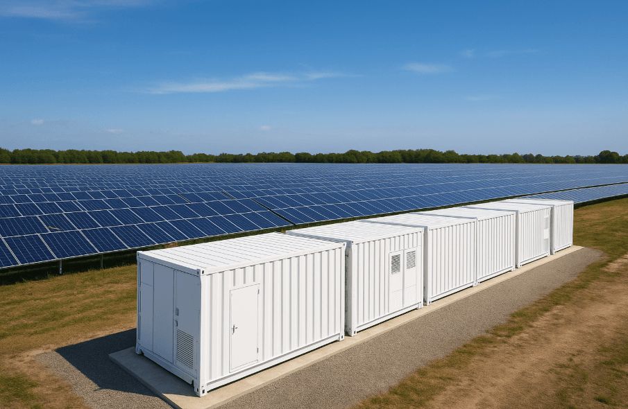 Battery storage containers installed beside a solar park